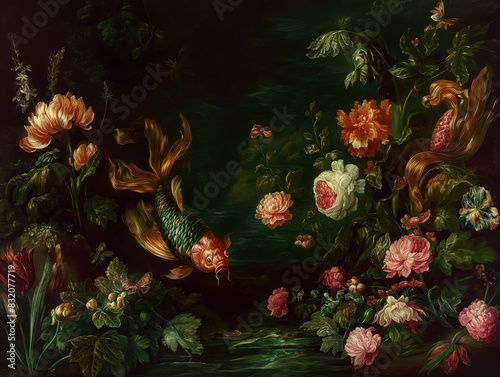 Surreal art fantasy scene secret mysterious garden of flowers and plants, peonies, tulips, roses, orchids, fruits. Baroque, renaissance style, rich colors, dramatic lighting, oil painting illustration