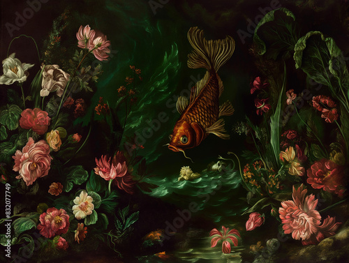 Surreal art fantasy scene secret mysterious garden of flowers and plants, peonies, tulips, roses, orchids, fruits. Baroque, renaissance style, rich colors, dramatic lighting, oil painting illustration
