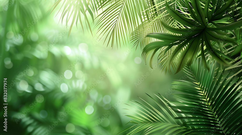 Lush green palm leaves against a blurred background.