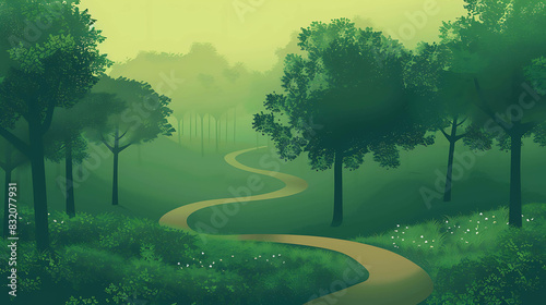 The image is a vector illustration of a forest path. The path is winding and leads through a dense forest.