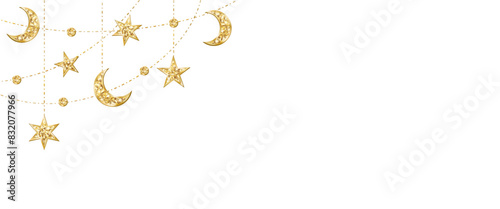 Ramadan or Al-Adha traditional decoration. Garland with hanging crescents and stars. Golden glitter ornaments. Muslim holidays corner frame. Transparent background can be removed in vector file