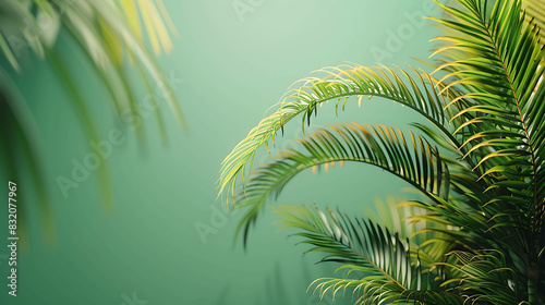 Green palm leaves against a pale green background. The leaves are backlit  creating a sense of depth and dimension.