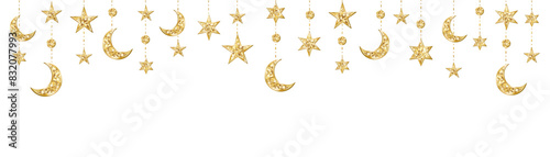 Ramadan or Al-Adha seamless decoration. Garland with hanging crescents and stars. Golden glitter ornaments. Muslim holidays border, frame. Transparent background in vector or PNG file.