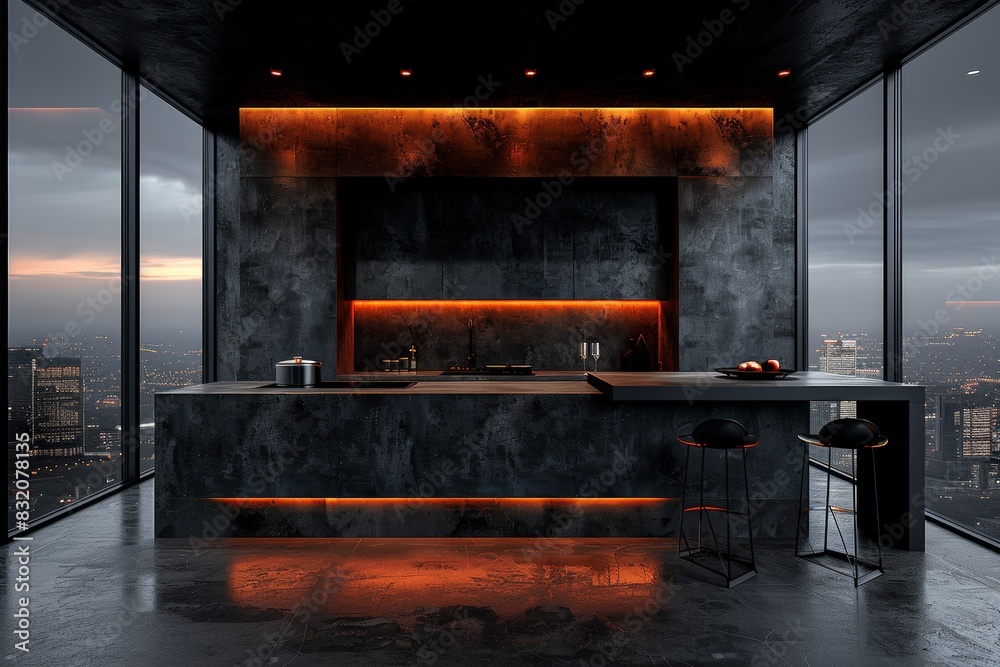 Sleek and dark modern kitchen with ambient lighting, minimalist design, and a luxurious urban feel, featuring high end appliances and a sophisticated atmosphere Sleek and dark modern kitchen with ambient lighting, minimalist design, and a luxurious urban feel, featuring high end appliances and a sophisticated atmosphere