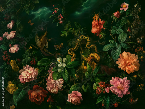 Surreal art fantasy scene secret mysterious garden of flowers and plants, peonies, tulips, roses, orchids, fruits. Baroque, renaissance style, rich colors, dramatic lighting, oil painting illustration