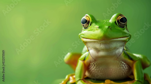 A cute green frog is sitting on a leaf. The frog has big  round eyes and a wide smile. It is looking at the camera.