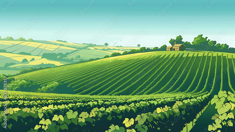 A lush, green vineyard with a small cottage in the distance.
