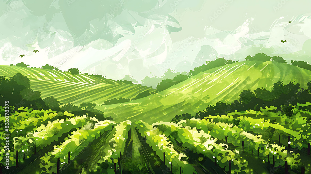 Green vineyards landscape with rolling hills and soft clouds in the background.