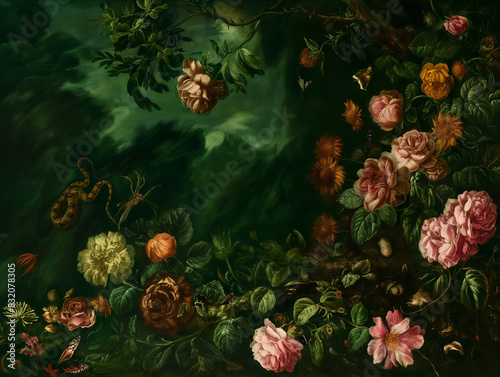 Surreal art fantasy scene secret mysterious garden of flowers and plants, peonies, tulips, roses, orchids, fruits. Baroque, renaissance style, rich colors, dramatic lighting, oil painting illustration