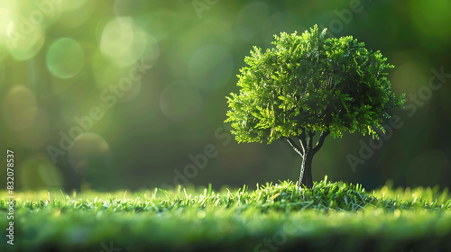 Small tree growing on green field with blurred background