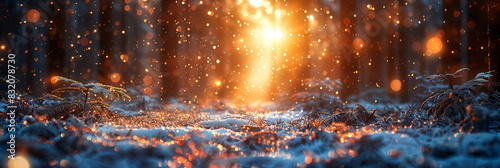 Winter snow background with snowdrifts  with beautiful light and snowflakes on the blue sky in the evening  banner format  copy space