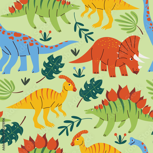 Hand drawn vector seamless pattern with different prehistoric dinosaurs and plants, adorable childish background