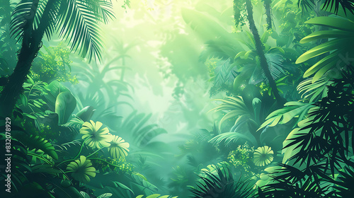 lush green foliage of a tropical rainforest with sunlight streaming through the canopy