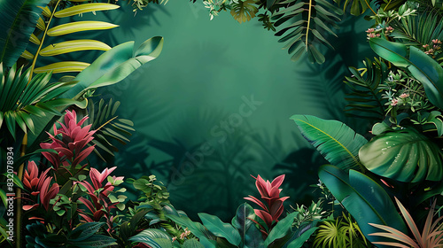 lush green foliage with red tropical flowers on a dark green background.