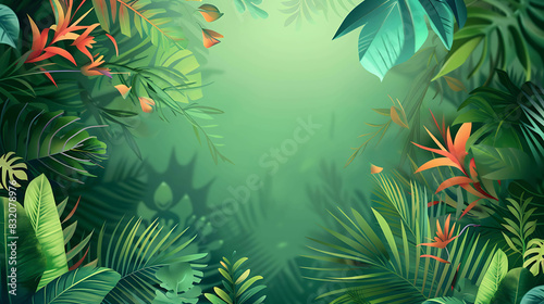 lush green foliage with vibrant orange and red flowers in a dense jungle setting.