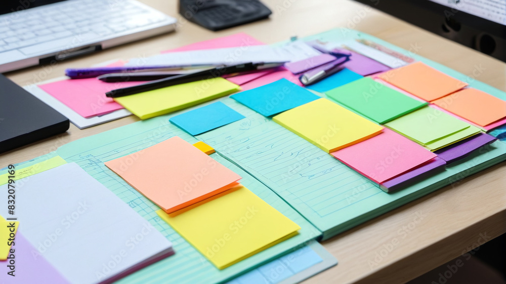 Obraz premium Highlighters, sticky notes, and index cards organized on a student's workspace, facilitating effective studying and note-taking, Generative AI