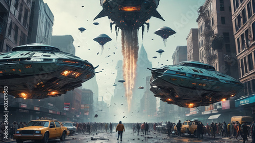 Citizens fleeing in terror as alien spacecrafts unleash chaos and destruction upon cities, a nightmare scenario of invasion, Generative AI photo