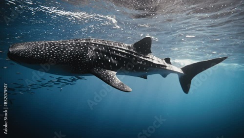 Magnificient low angle looking up of whale shark in slow motion rolling along surface underwater photo