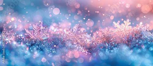 Winter composition with intricate snowflakes in fluffy snow, white, pink, and blue sparkles, digital neon art, bright and cheerful 8K , high-resolution, ultra HD,up32K HD