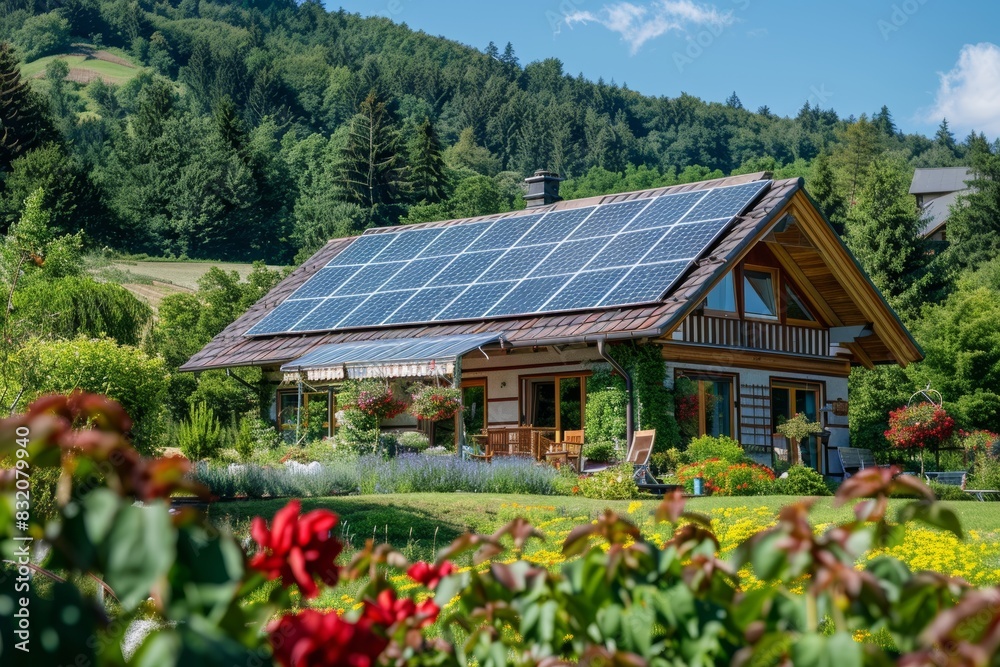 A quaint rural house nestled amidst lush greenery, its roof adorned with solar panels, blending harmoniously with the serene natural surroundings.