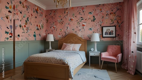 Kids bedroom with cute wallpaper Generative AI 