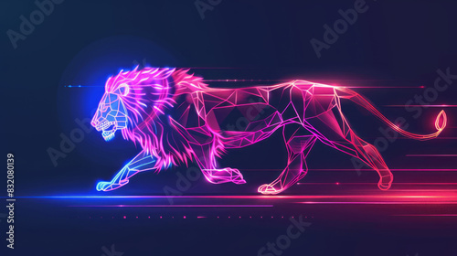 Futuristic neon lion running in digital art illustration