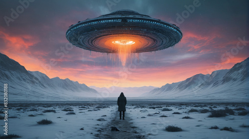 A lone figure stands frozen in terror as a massive UFO descends from the sky, its otherworldly presence overwhelming, Generative AI photo