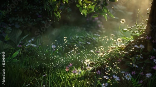 A meadow illuminated by the early morning light  accentuating the dew on petals and leaves.