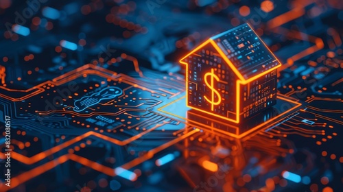 Glowing orange house icon with a dollar sign on a blue circuit board, symbolizing the intersection of technology, finance, and real estate. Ideal for modern and dynamic visuals