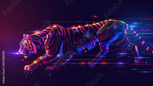 Neon robotic tiger running with vibrant futuristic interface © standret