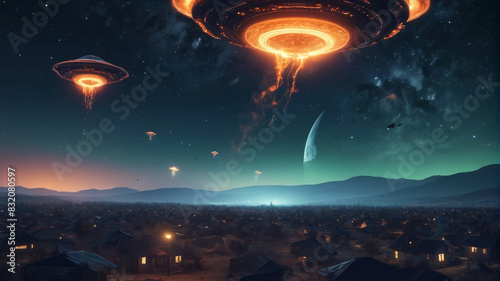 The night sky ablaze with UFOs as people flee in horror, their world forever changed by the alien invasion, Generative AI