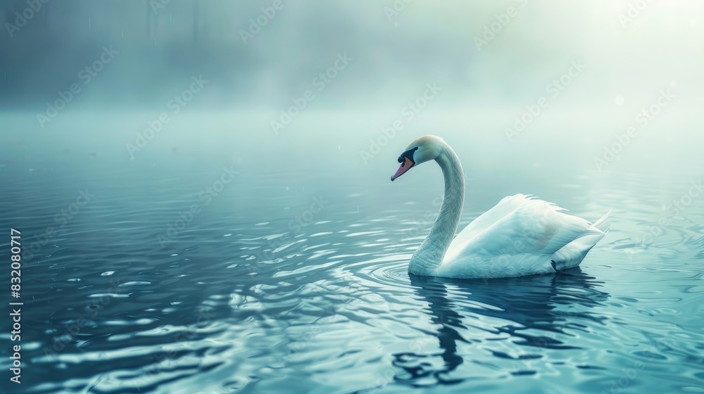 A white swan is floating in the azure water A white swan is floating in the azure water