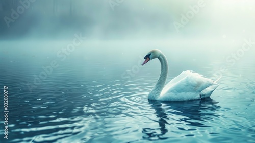 A white swan is floating in the azure water photo