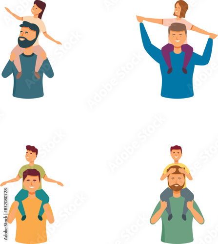 Set of illustrations featuring smiling fathers of various ethnicities giving happy children piggyback rides