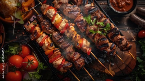 Juicy grilled meat and vegetable skewers with colorful bell peppers, served with tomatoes and sauces on a rustic table, perfect for BBQ parties.