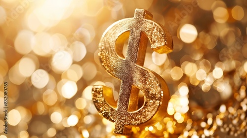 Gold dollar sign against a blurred backdrop, highlighting themes of wealth and economic success. Great for financial imagery photo