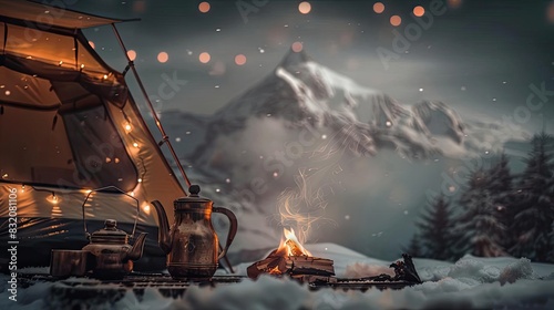 Cozy winter camping scene with tent  campfire  and mountains in the background  capturing a warm  magical wilderness ambiance at dusk.