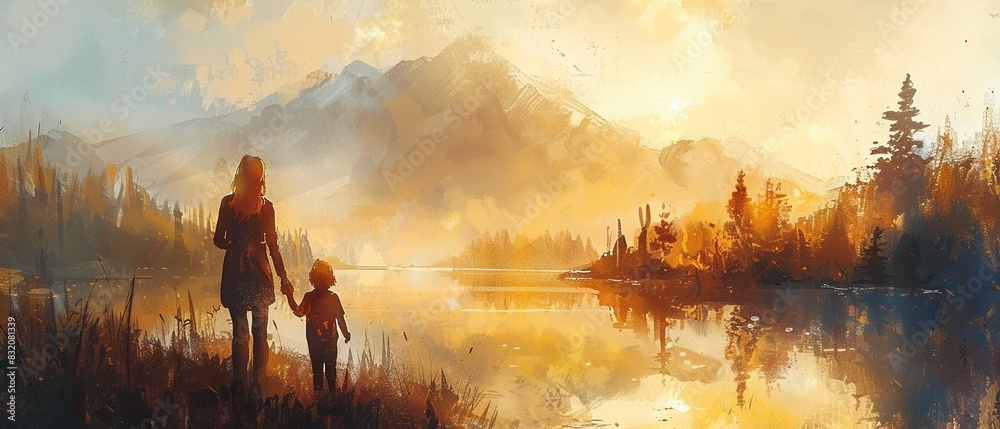 Fototapeta premium Mother and child with scenic landscape view, white background, digital oil painting, warm and tender, realistic detail 8K , high-resolution, ultra HD,up32K HD