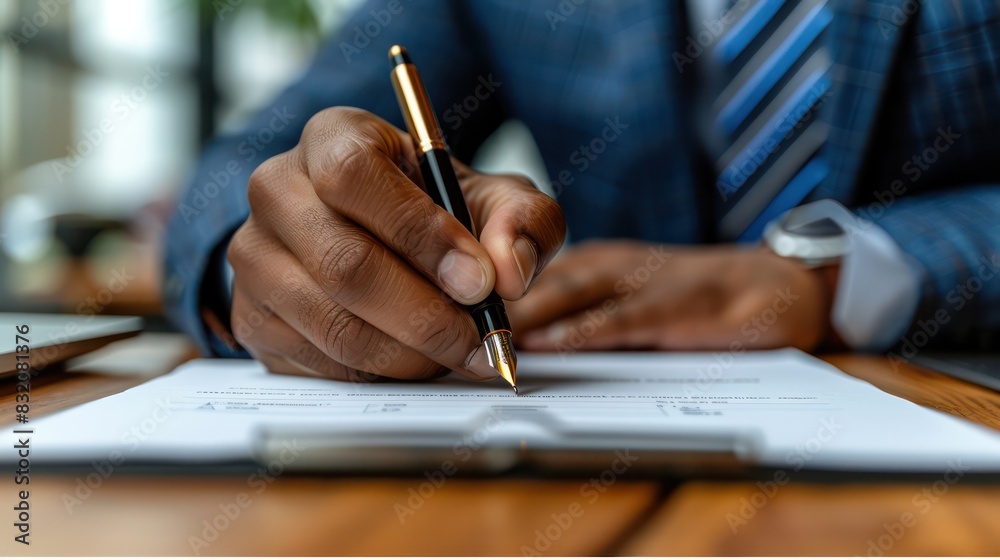 Client signing an insurance contract in an office setting. Client signing an insurance contract in an office setting.