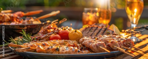 A delicious BBQ meal with grilled meat  seafood skewers  and vegetables  enjoyed outdoors with drinks in warm sunlight.