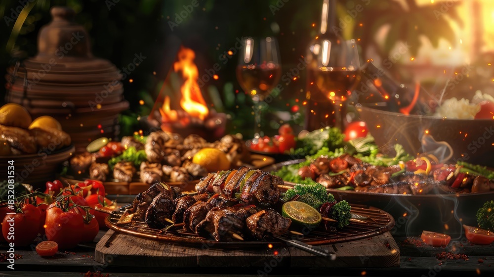 Sumptuous barbecue feast with grilled meats, fresh vegetables, wine, and a cozy fire setting, perfect for a festive outdoor gathering.