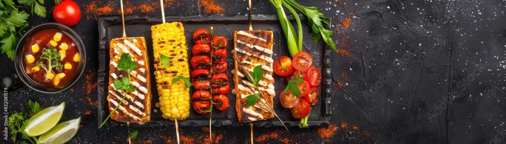 Delicious grilled skewers with vegetables, cheese, and corn on a rustic dark background, perfect for a BBQ or summer outdoor meal.