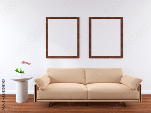 Living Room Wall Frame Mockup with sofa and House Background. 3D render © Sujoy