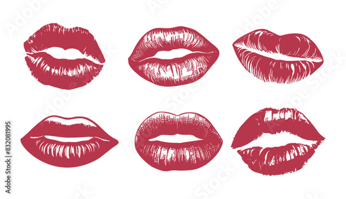 Set of red Lipstick kiss prints. Different shapes female sexy lips. Lips makeup. Female mouth. Imprint of lips kiss vector outline illustrations isolated on transparent background.