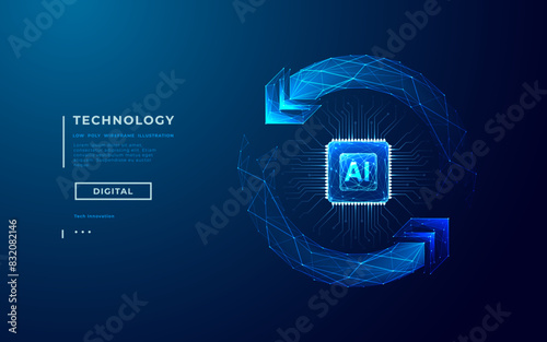 AI chip and two recycle digital arrows. Abstract digital AI processor in low poly wireframe with neon blue lights effects. Technology background. Artificial Intelligence concept. Vector illustration. (ID: 832082146)