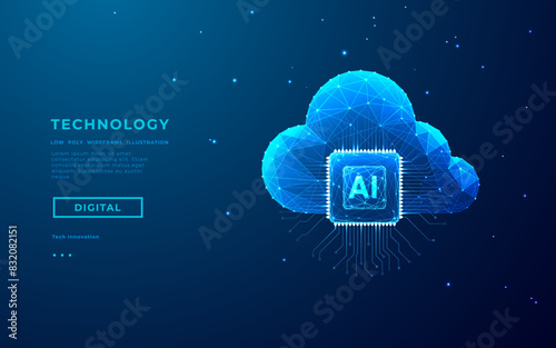 Abstract digital AI chip and cloud data storage on blue background. AI processor in light blue and neon elements. Artificial intelligence concept. Data storage innovation concept. Vector illustration. (ID: 832082151)