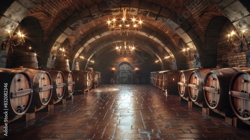 Realistic image of a traditional wine cellar with vintage wooden barrels