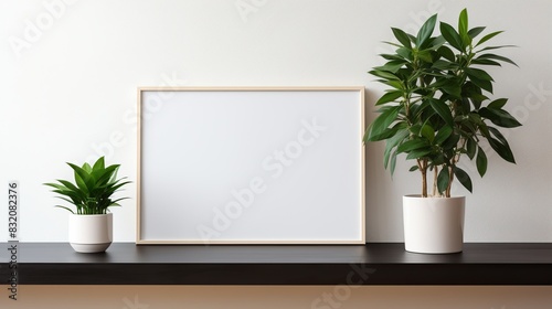  a white frame on the left and a potted plant on the right.