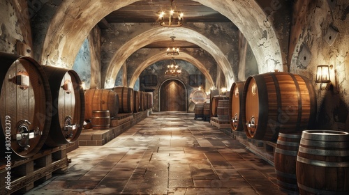 Realistic image of a wine cellar with elegant wooden barrels,