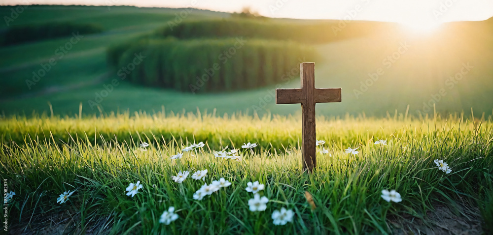 Fotografie Cross in grass with flowers on summer spring